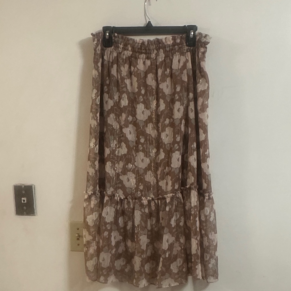 LC Lauren Conrad Floral Midi Skirt in Brown and Cream